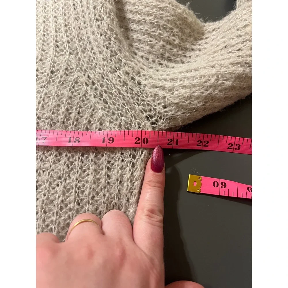 Mohair Blend Womens Cardigan Sweater Beige Knit Open Front‎ Pockets Oversized XS